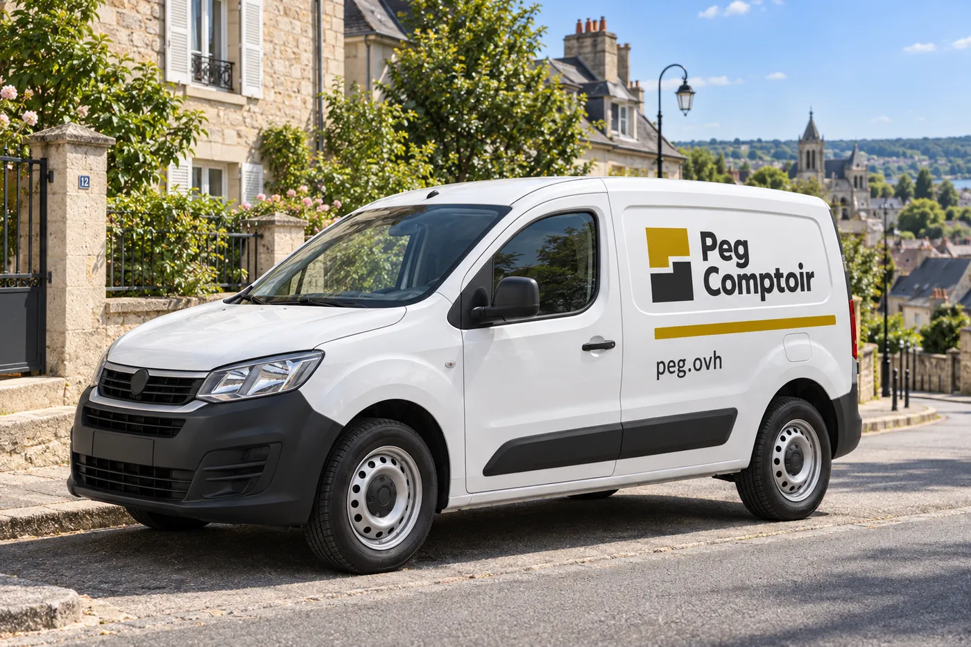 Camionnette d'intervention Peg Comptoir garée dans une rue résidentielle de Pontoise