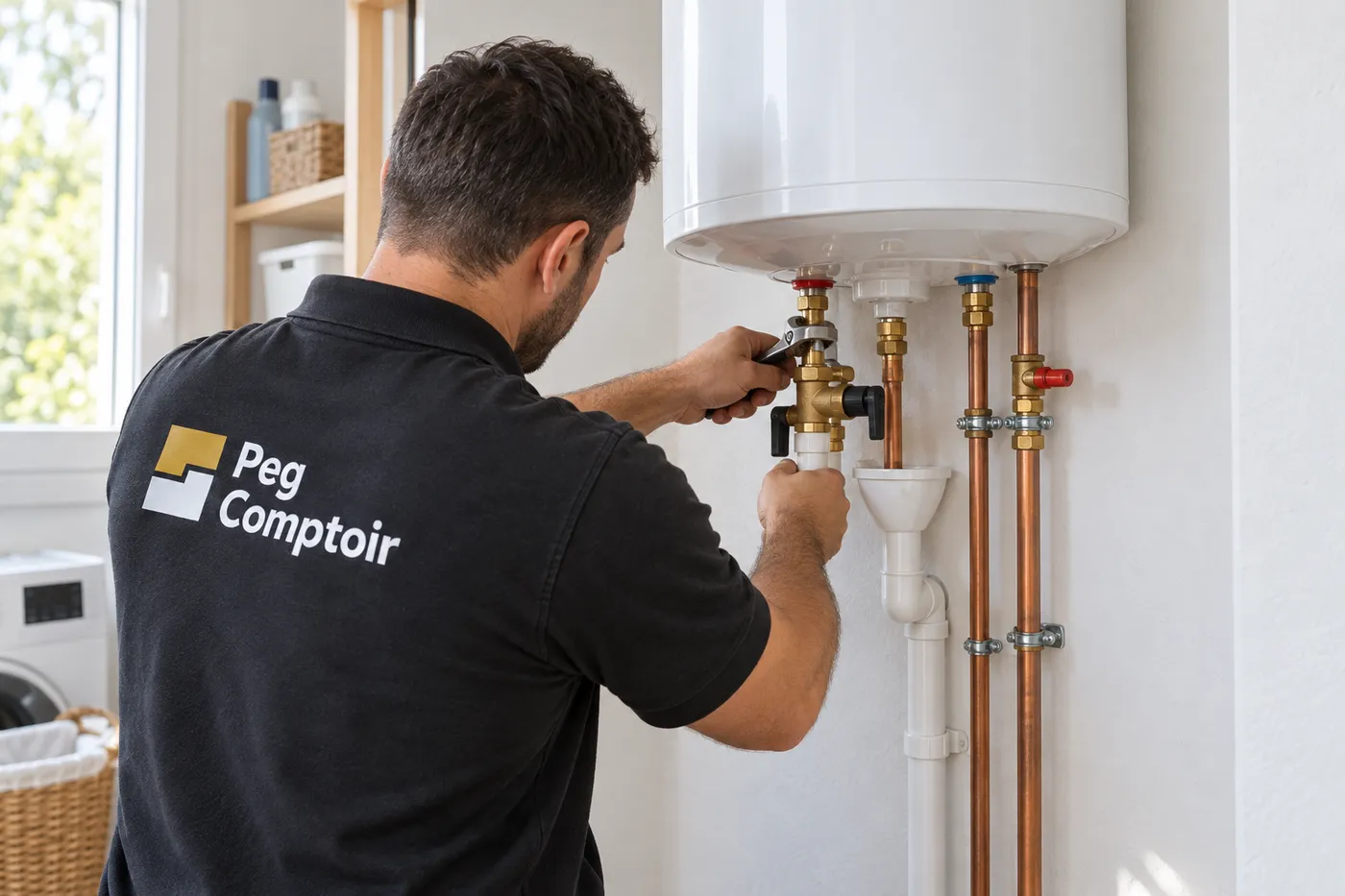 Plombier Peg Comptoir raccordant un groupe de sécurité neuf sous un chauffe-eau électrique