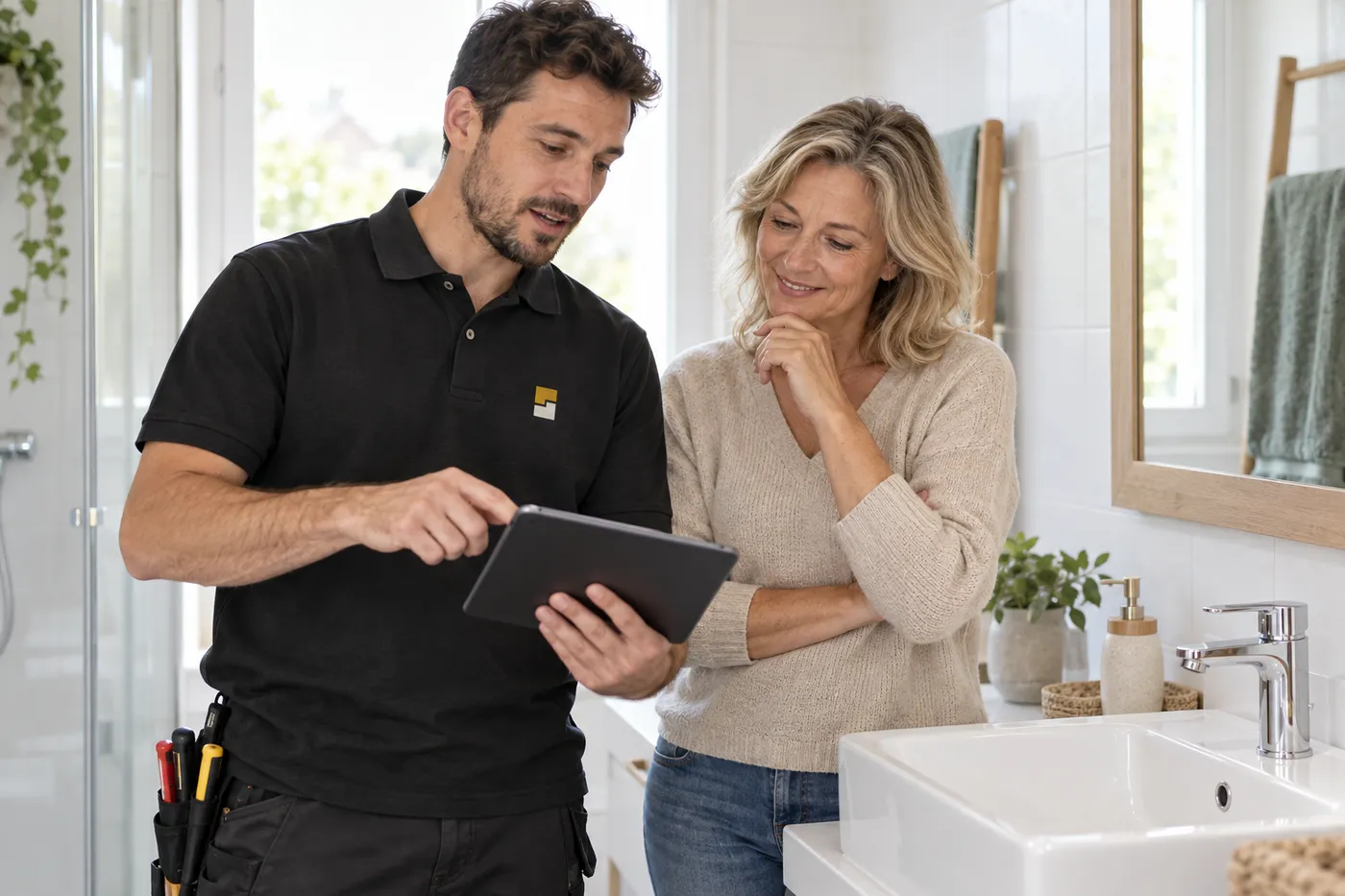 Plombier Peg Comptoir présentant le devis sur tablette à une cliente, à côté d'un lavabo avec mitigeur