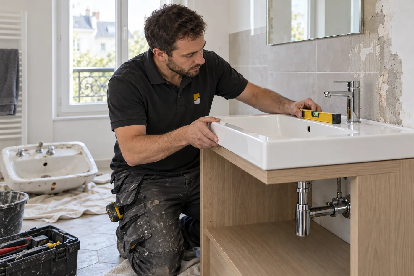 Plombier mettant de niveau une vasque neuve sur un meuble de salle de bains en rénovation