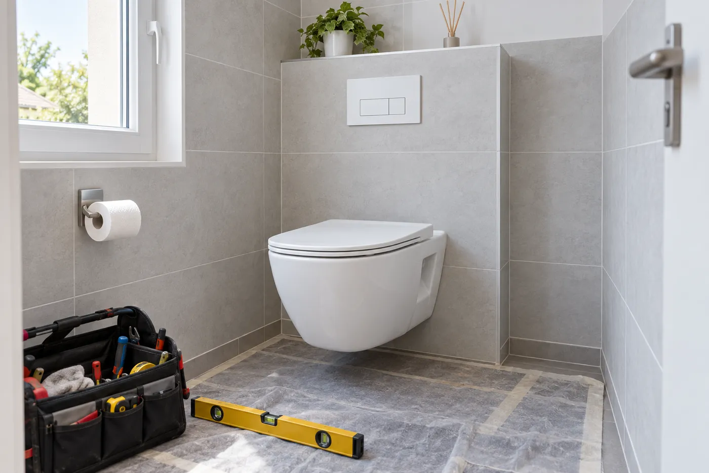 WC suspendu blanc posé sur un habillage neuf, plaque de commande et outils sur une bâche de protection